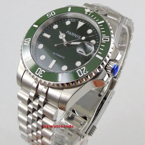 40mm PARNIS Green Dial Sapphire Glass Rotating Ceramic Bezel Date Luminous Steel Case MIYOTA 8215 Automatic Movement men's Watch pa1057