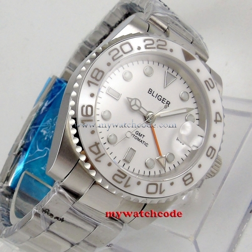 Bliger 43mm White Sterile Dial Sapphire Glass Date Rotating Ceramic Bezel GMT Luminous Steel Case Automatic Movement men's Watch