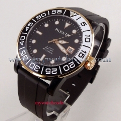 42mm parnis Black Dial Luminous Marks Rubber strap Rose Golden Plated Case 21 jewels Miyota Automatic Mechanical men's Watch PA394