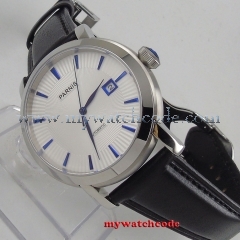 41mm Parnis White dial stainless steel case date window Blue Hands Newest Hot Automatic movement Men's business Watch PA554