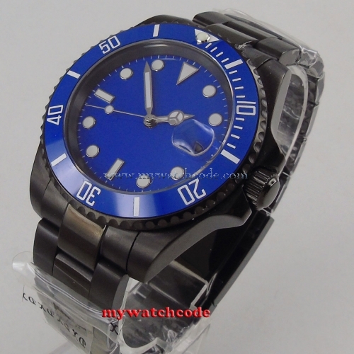 PARNIS 40mm Sterile Blue Dial Sapphire Glass PVD Luminous Rotating Ceramic Bezel Date Luxury Automatic Movement men's Watch PA1062