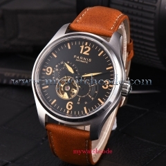 PARNIS Fashion NEW Arrived 43mm Black Dial Orange Marks PVD Coated Leather strap Luxury Brand Automatic Movement men's Watch PA817