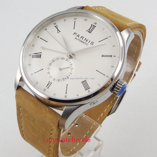 Parnis men's watch white dial silver hands DATE 42mm case 24 hours 5ATM ST1690 Automatic wrist watch men 948