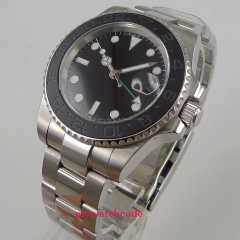 Parnis 40mm black dial luminous ceramic bezel stainless steel strap sapphire glass GMT Automatic men's watch 407