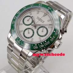 Luxury 39mm PARNIS quartz mens watch White dial green bezel sapphire glass solid case bracelet full Chronograph wrist watch