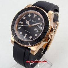 40mm Bliger Black Dial Top Brand Luxury Rose Golden Case Rubber strap Sapphire Automatic movement men's Watch