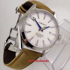 41mm Corgeut White Dial Stainless steel Case Sapphire Glass Blue Hand Automatic Movement men's Watch