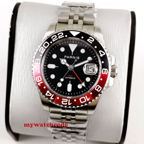 40mm PARNIS Black Dial Sapphire Glass black&red bezel gmt Date Automatic Movement men's Watch