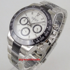 39mm parnis white dial sapphire Glass stainless steel strap quartz men's Watch