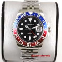 40mm PARNIS Black Dial Sapphire Glass gmt Date blue&red bezel Automatic Movement men's Watch