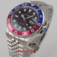40mm PARNIS black Dial GMT blue&red bezel Luxury luminous marks stainless steel strap automatic Movement men's Watch