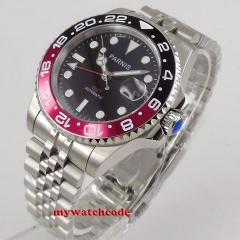 40mm PARNIS black Dial GMT black&red bezel Luxury luminous marks stainless steel strap automatic Movement men's Watch