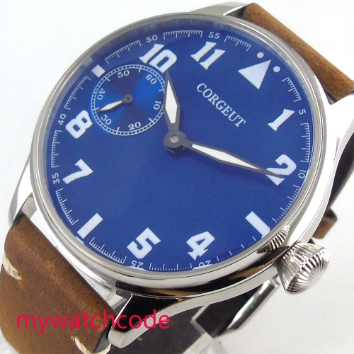 44mm CORGEUT blue Dial 6497 luminous waterproof Luxury polished Case leather strap hand winding Movement men's Watch