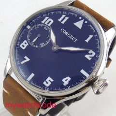44mm CORGEUT blue black Dial Luxury leather brown strap 6497 hand winding Movement men's Watch