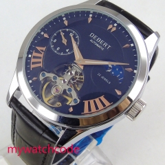 Luxury 41mm DEBERT blue Dial golden marks luminou waterproof  black leather strap automatic Movement men's Watch