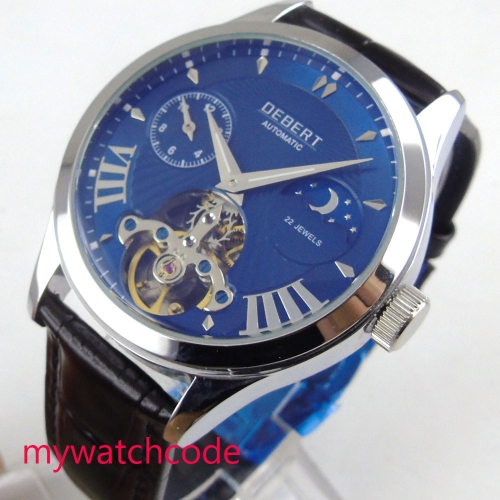 Luxury 41mm DEBERT blue Dial silver marks luminous waterproof  black leather strap automatic Movement men's Watch