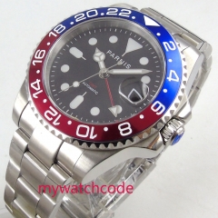 Luxury 40mm PARNIS black Dial sapphire glass GMT red&blue bezel stainless steel strap automatic Movement men's Watch