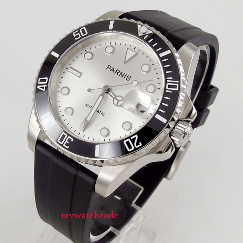 40mm PARNIS white Dial date rubber strap brushed stainless steel Case Automaic Movement men's Watch