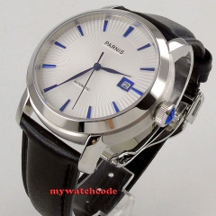 41mm PARNIS white Dial date leather strap stainless steel Case Automatic Movement men's Watch