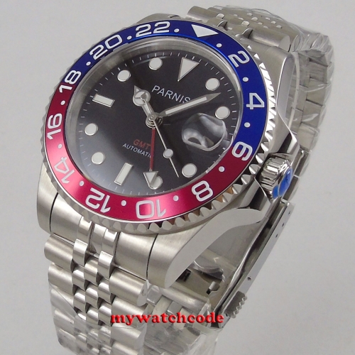 blue&red bezel Luxury 40mm parnis black dial date stainless steel strap automatic movement men's Watch code