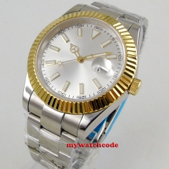 gold plated bezel Luxury 40mm parnis silver dial date stainless steel strap automatic movement men's Watch