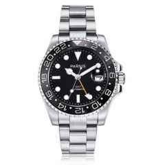 40mm Parnis black dial Sapphire glass Ceramic bezel GMT automatic mens watch 338 code