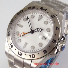 43mm bliger white dial GMT hand sapphire glass automatic mens watch