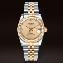 36mm Parnis gold dial Sapphire glass date window 21 jewels Miyota 821A automatic mens watch two tone gold