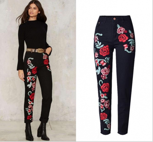 New 3D color three-dimensional embroidery roses women's loose denim straight jeans