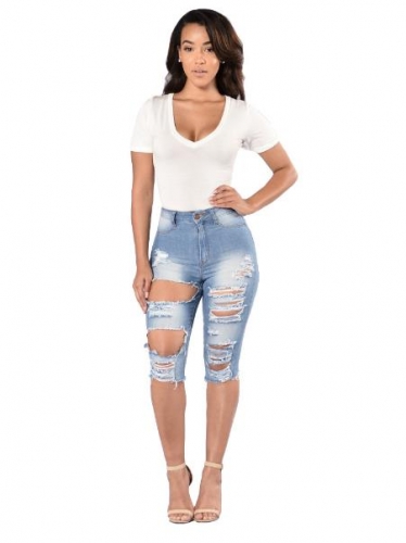 Light blue high-elastic five-point hole jeans