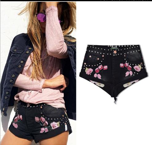 punk style before and after embroidery classic curling tassel loose denim shorts