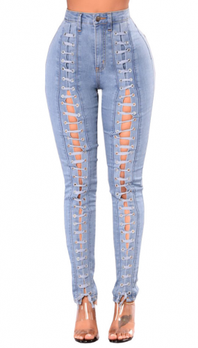 High waist light blue bandage hollow sundered jeans