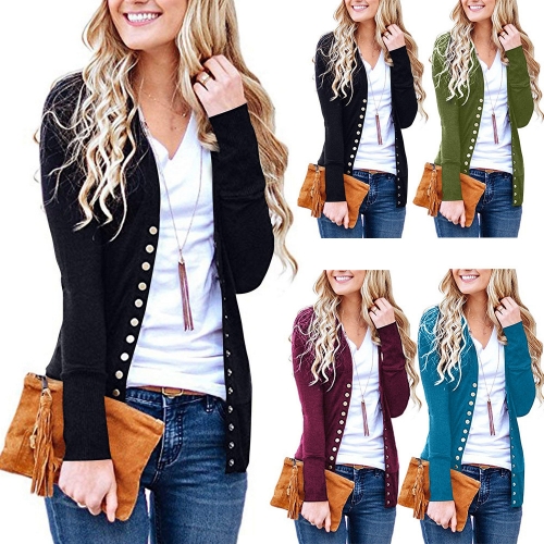 Solid color V-neck long-sleeved button cardigan top