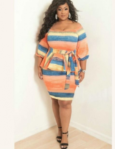 Charming Off The Shoulder Printed Croci Plus Size Dress