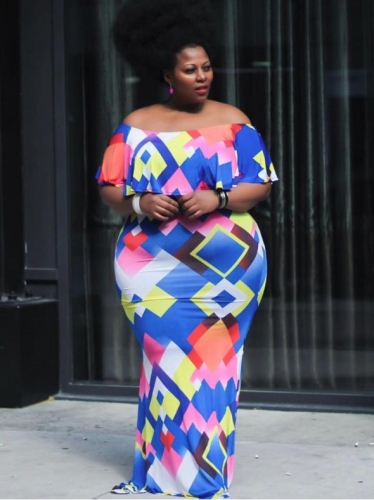 Charming Plus size Ruffled print off-the-shoulder dress