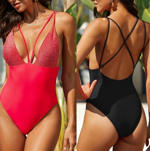 Charming Solid color glitter silk one-piece swimsuit