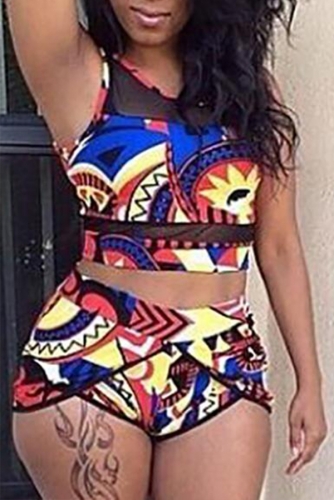 Charming Plus size Mesh stitching printed high waist swimsuit