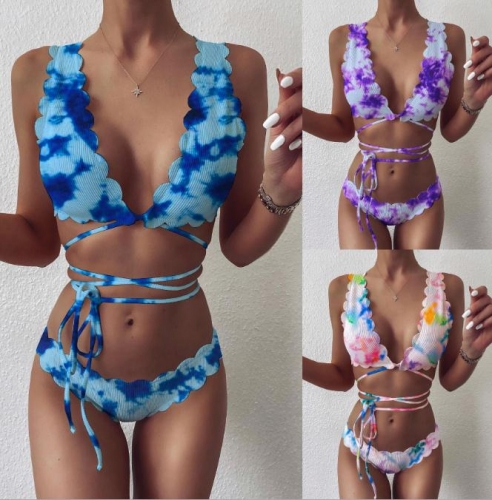 Charming Pit cut floral strap bikini set