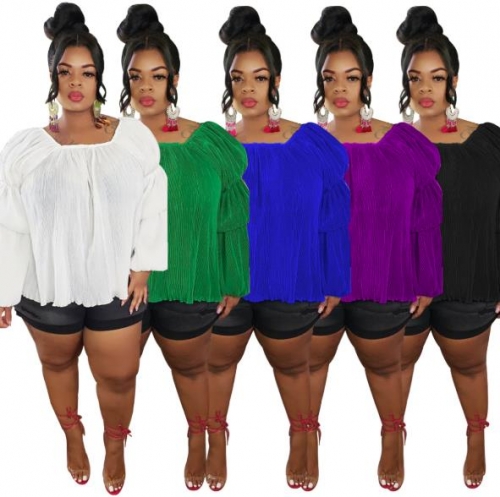 Charming Plus size Creasing round neck puff sleeve blouse