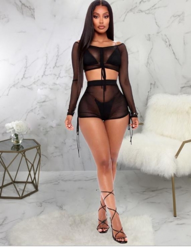 Charming Mesh stitching drawstring  shorts set