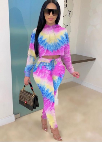 Charming Casual tie-dye drop shoulder hooded two-piece pants suit