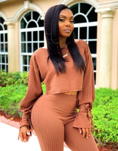 Charming  Long sleeve solid color pit strip two-piece suit