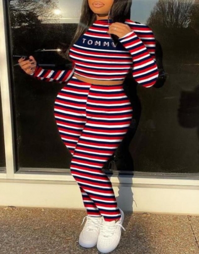 Charming Casual striped letter print red two-piece pants suit