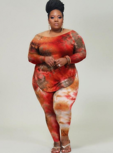 Charming Plus Size Casual tie-dye printing two-piece suit