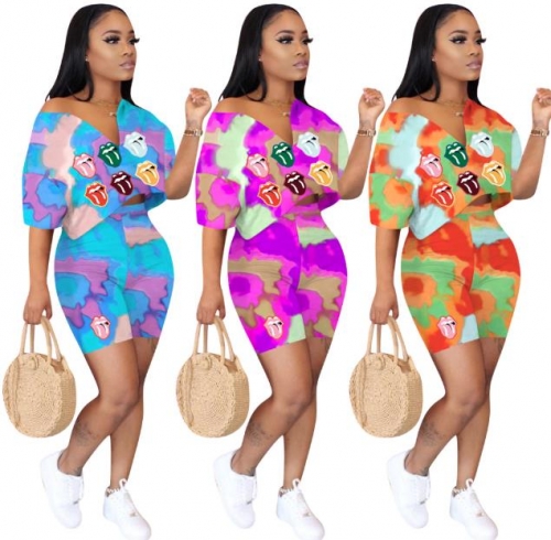 Charming Casual tie-dye lips print two-piece set