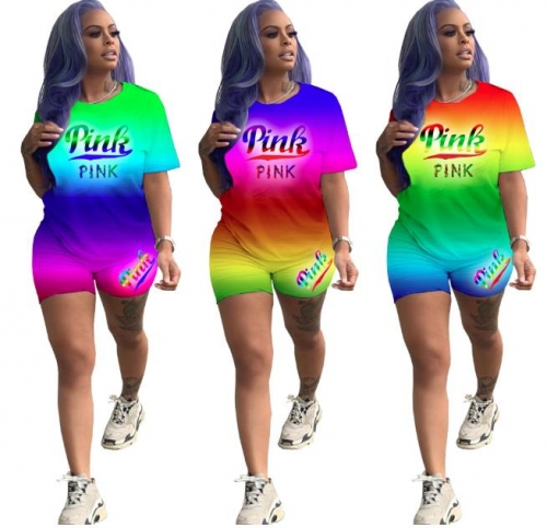 Charming Casual rainbow gradient letter printing shorts set