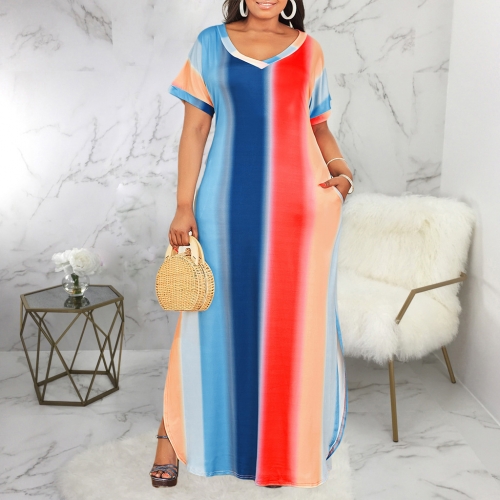 Charming Plus size Color Stripe Print Short Sleeve Maxi Dress