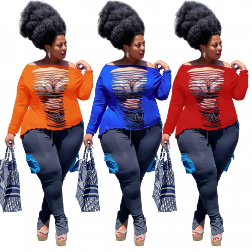 Charming Plus size Long-sleeved hollowed out blouse