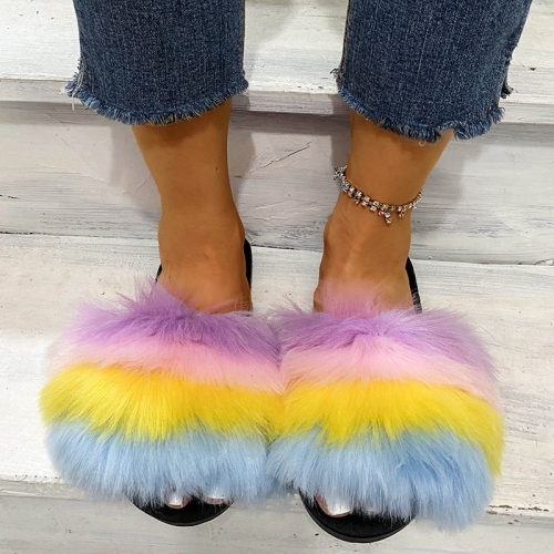 Charming plus size Rainbow plush slippers