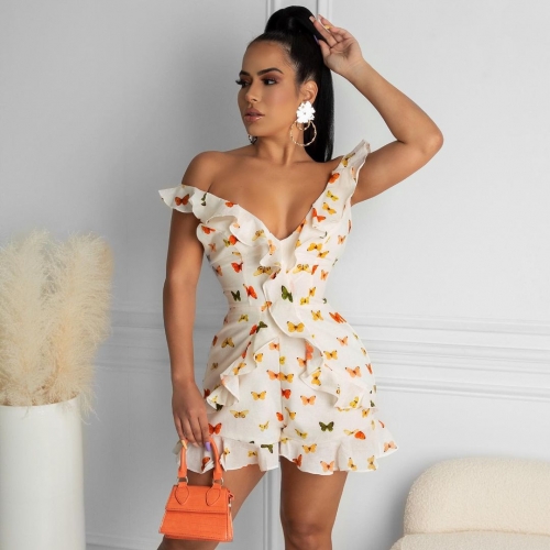 Charming Sexy V-neck fungus side butterfly print romper